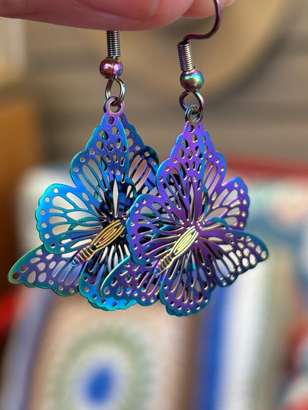 Beautiful Iridescent Purple & Blue Butterfly Dangle Earrings - Women Jewelry